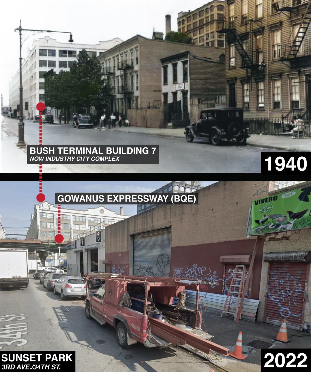 Sunset Park Before And After The Construction Of The Brooklyn-Queens Expressway, Brooklyn, 1940–2022.