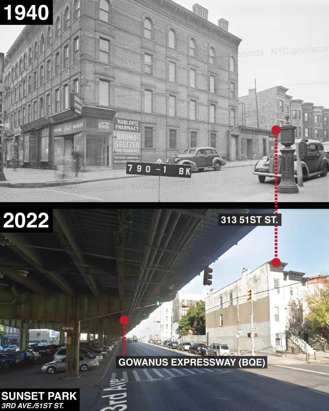 Sunset Park Before And After The Construction Of The Brooklyn-Queens Expressway, Brooklyn, 1940–2022.
