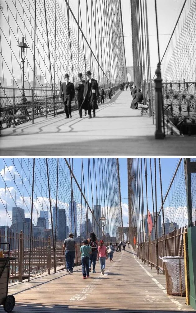 The Brooklyn Bridge Pedestrian Walkway Looking West Toward Manhattan, 1905–2021.