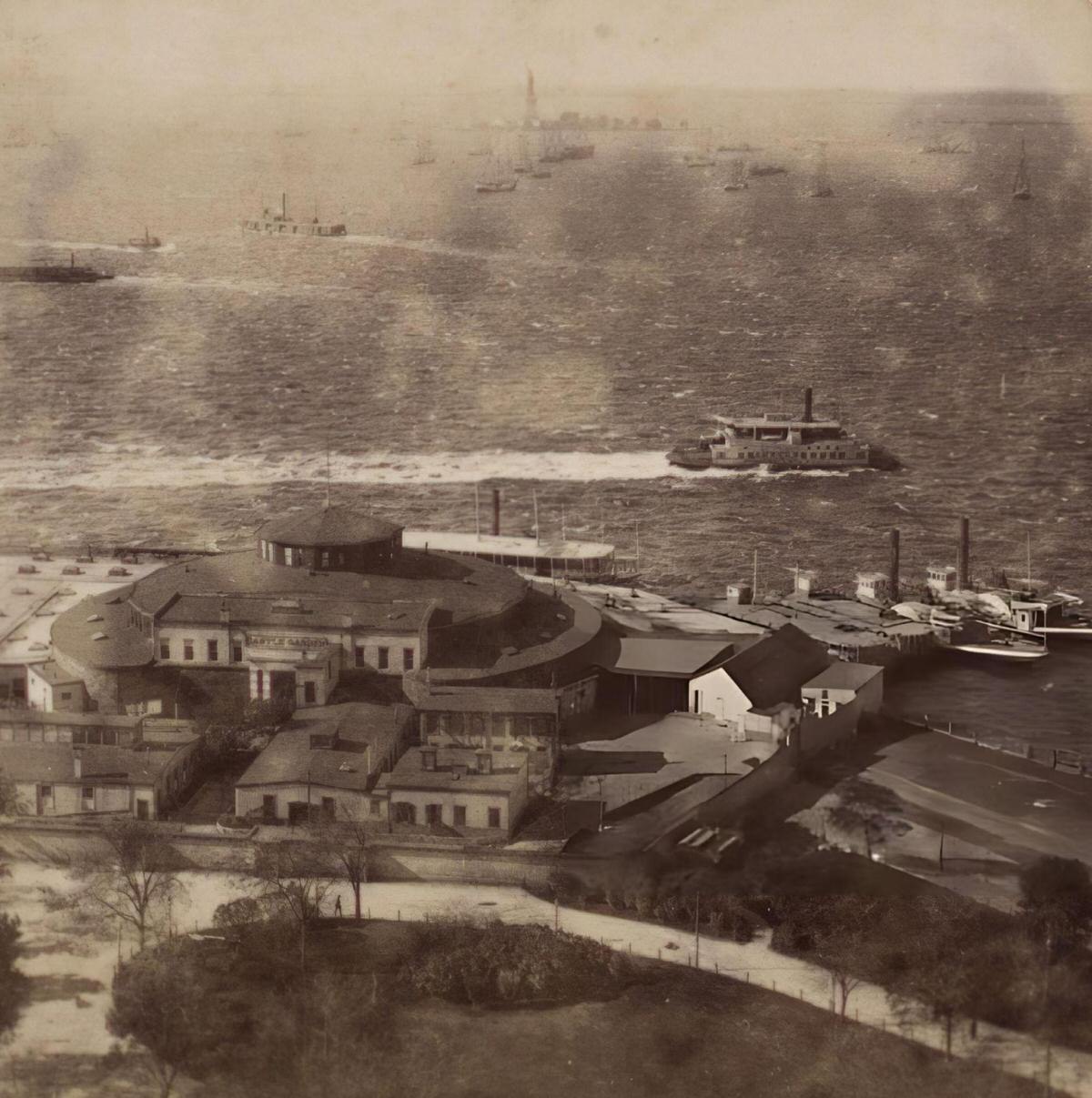 Castle Garden And The Statue Of Liberty, New York, 1880.