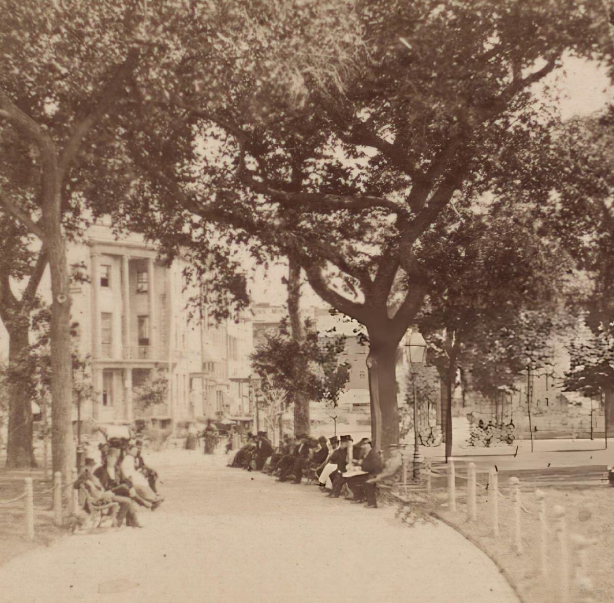 Walkway With Pedestrians And Benches At Castle Garden, Manhattan.