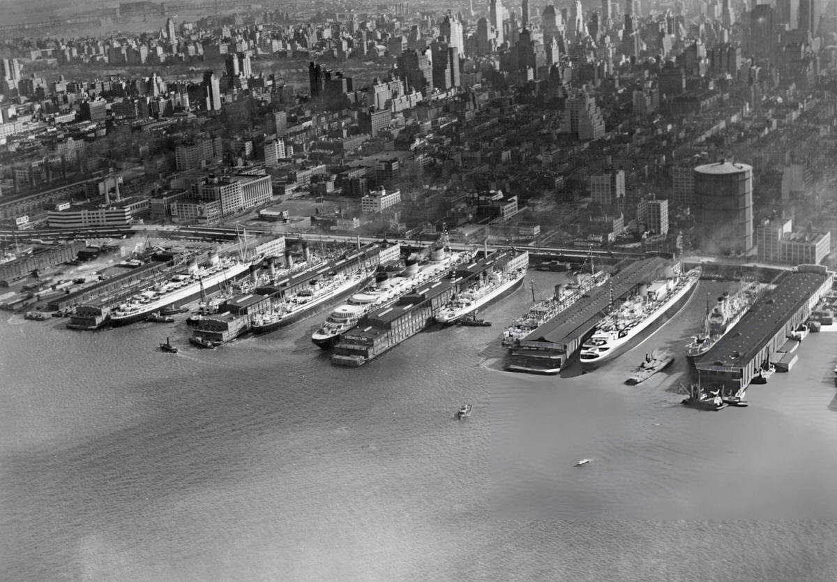High-Angle View Of Ships At The Chelsea Piers On The Hudson River, Manhattan, 1935.