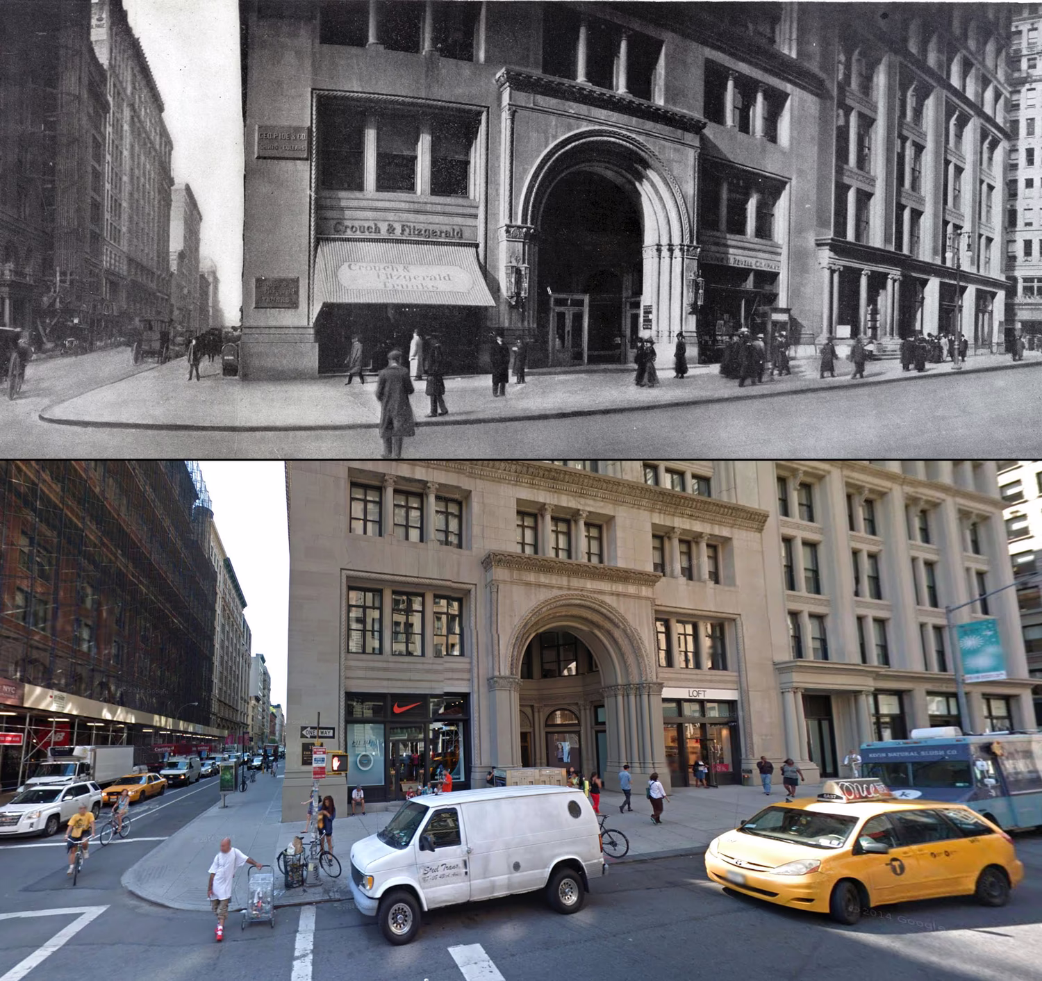 Next, We Move Up To West 20Th Street, Where The Corner Building Remains Intact, Just A Change Of Tenants From A Store To Buy Trunks, And A Publisher, To A Sporting Goods Store And Clothing Store.