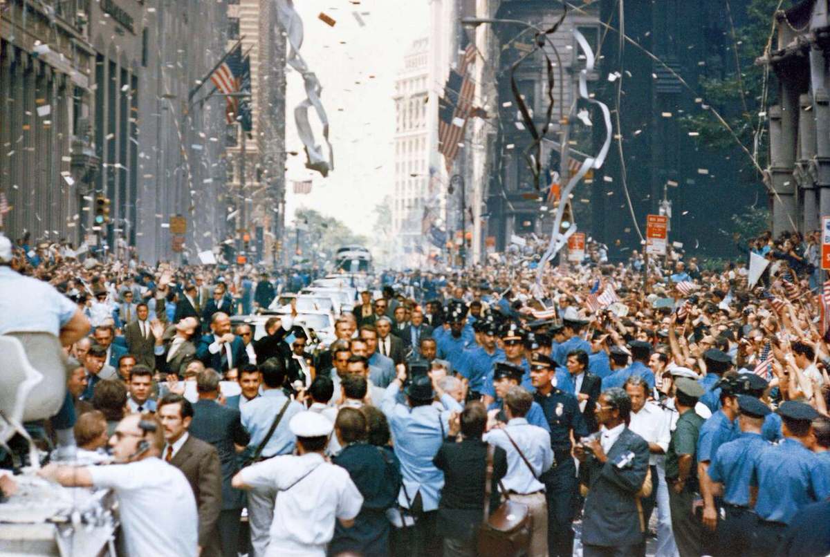 Ticker Tape Parade For Apollo 11 Astronauts Neil Armstrong, Michael Collins, And Buzz Aldrin On Broadway, 1969.