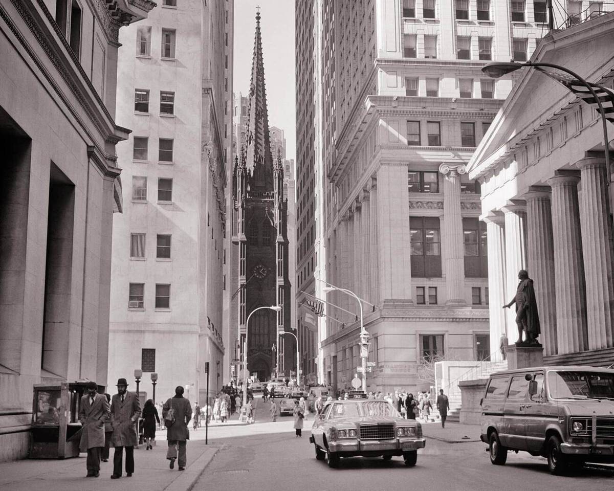 View Down Wall Street Toward Trinity Church And Federal Hall, Manhattan, 1978.