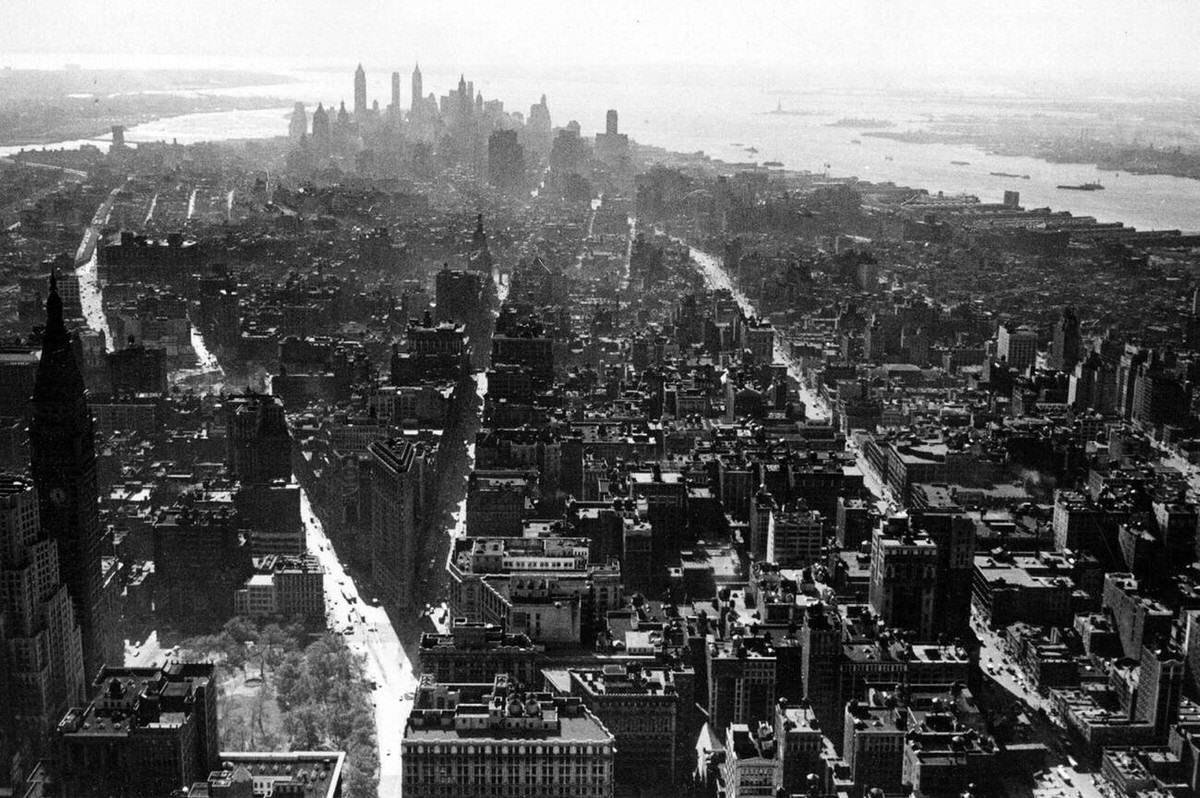 Aerial View Of The Manhattan Cityscape Looking South Toward The Financial District And Statue Of Liberty, 1930S.
