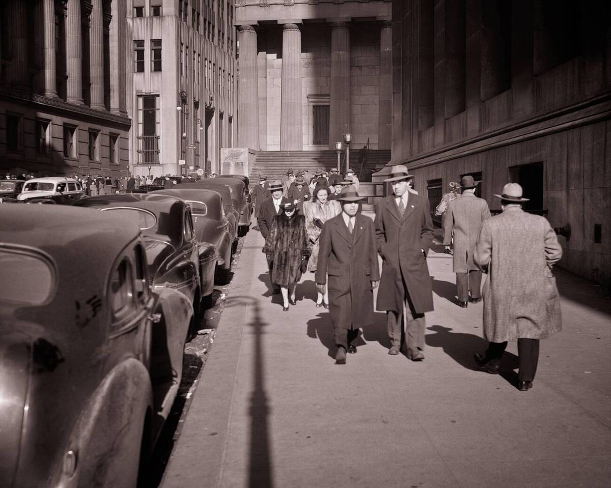 Businessmen In Hats And Overcoats Walking Near Wall Street, 1943.