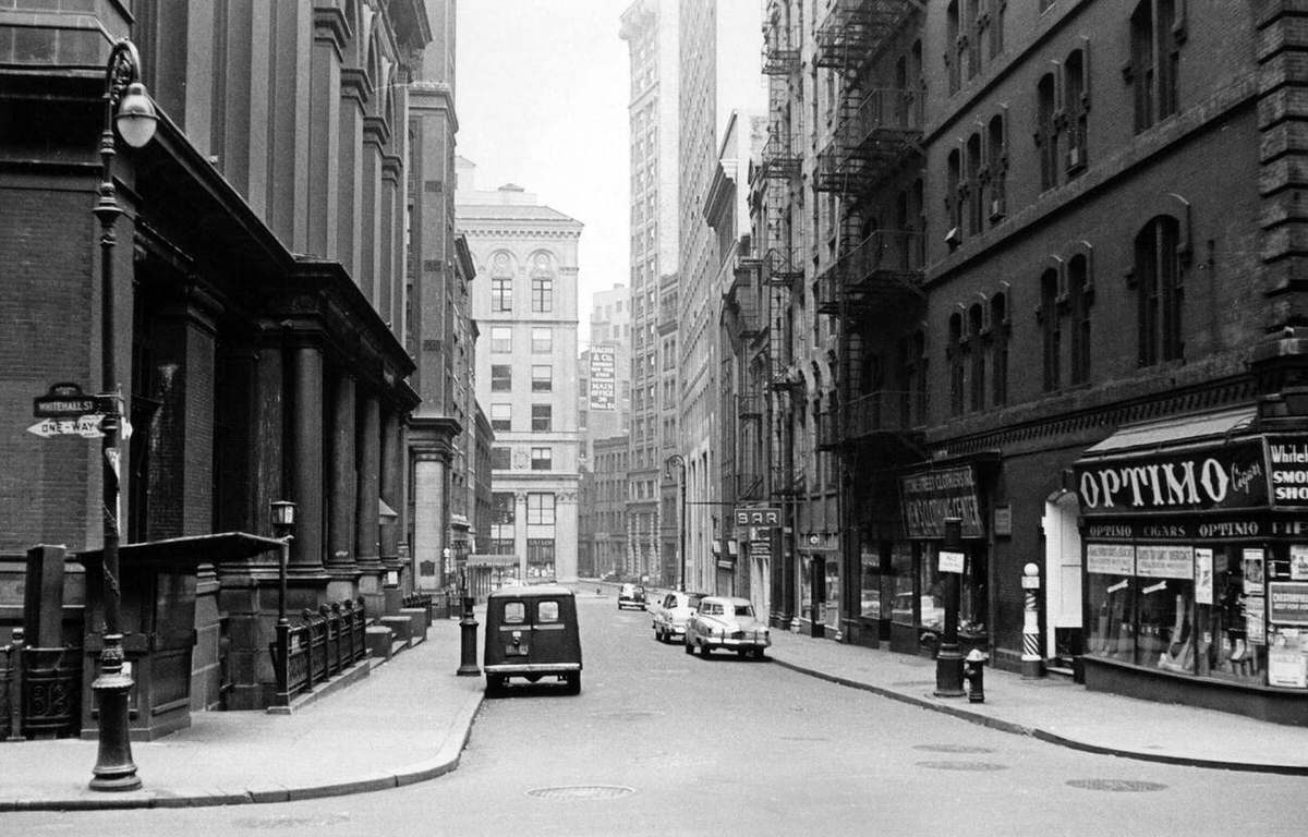 Whitehall Street Featuring An Optimo Cigars Sign, New York, 1950S.