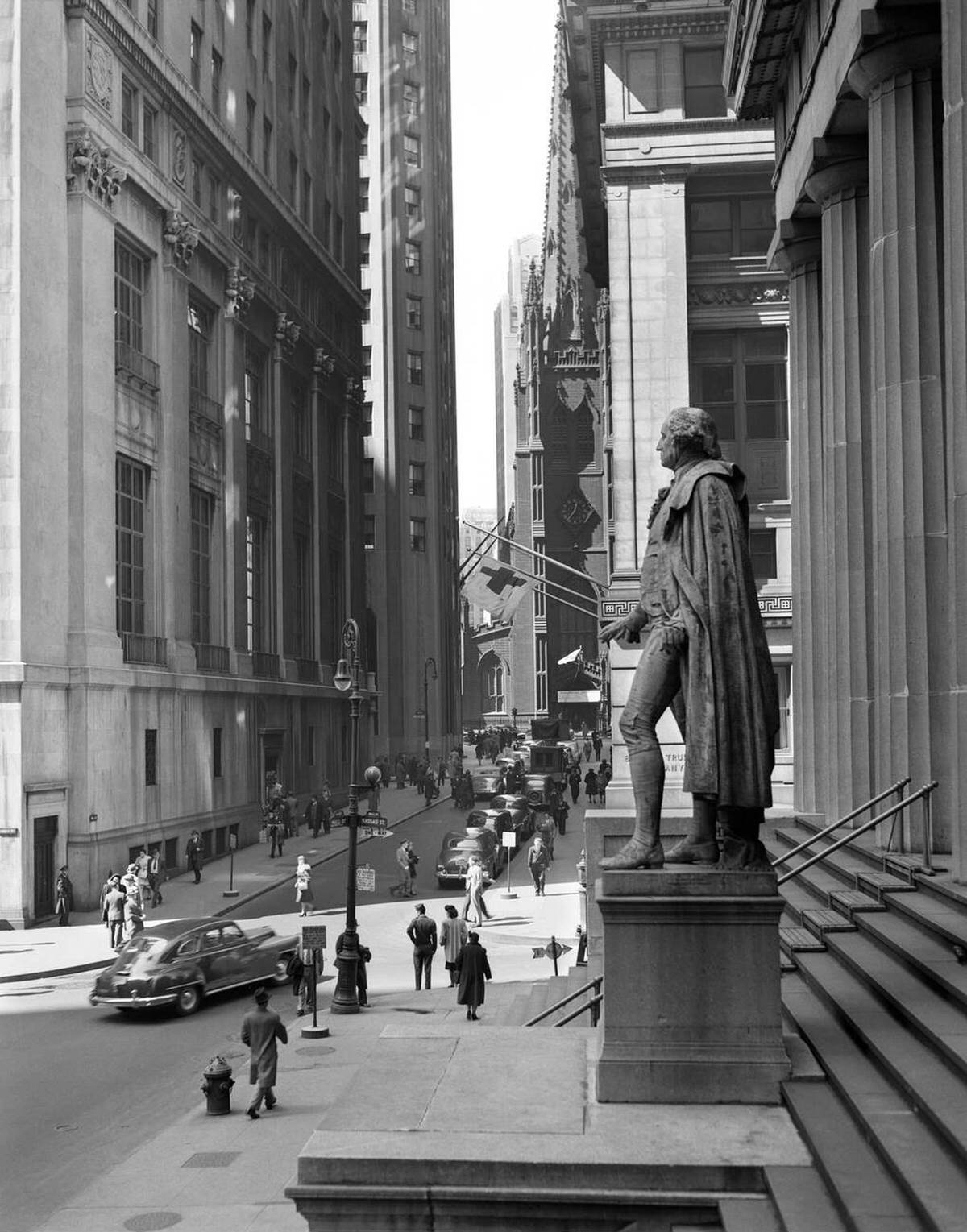 Wall Street Viewed From The Steps Of Federal Hall Looking Toward Trinity Church, 1950.