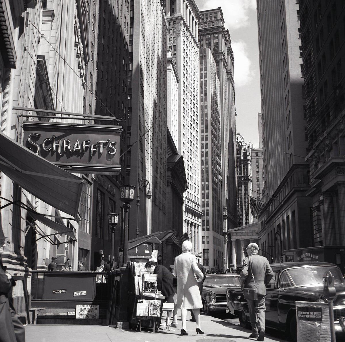 Wall Street Skyscrapers And A Sign For Schrafft'S Restaurant, Manhattan, 1950S.