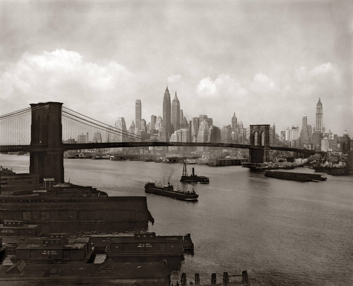 Skyline And The Brooklyn Bridge From Brooklyn, 1950.
