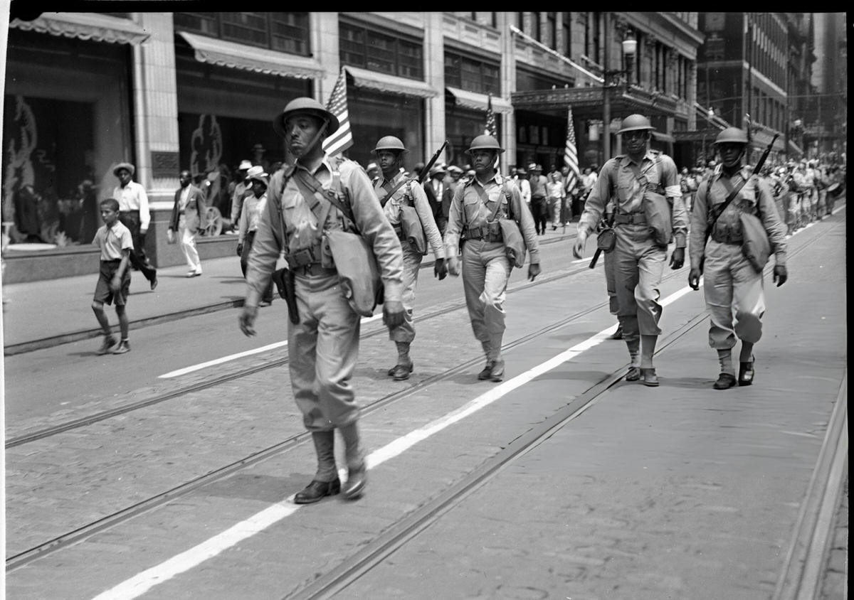 Soldiers From The 372Nd Infantry Marching In A Parade On Fifth Avenue, Pittsburgh, Pennsylvania, 1942.