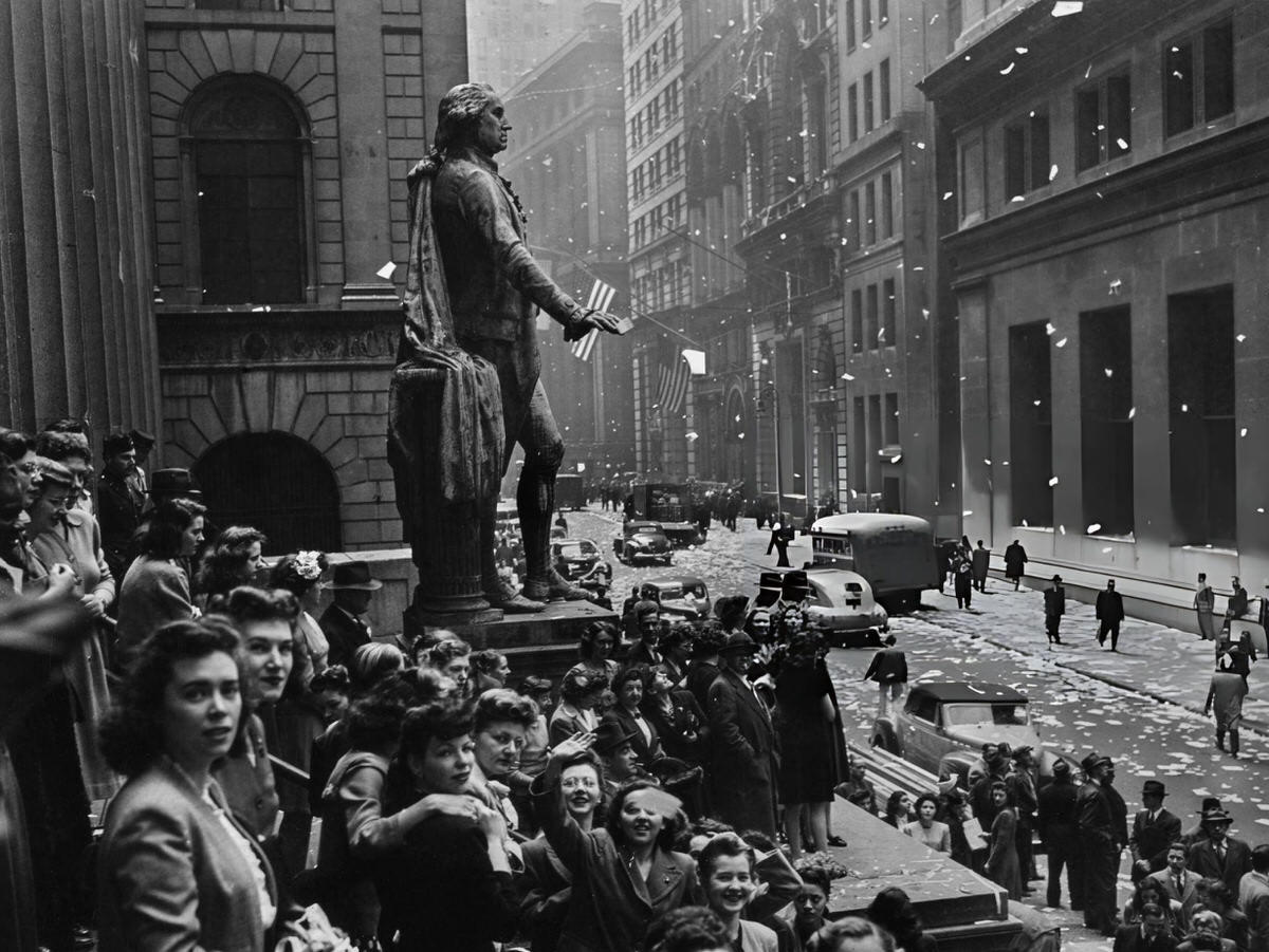 Revellers At The George Washington Statue On The Steps Of Federal Hall During V-E Day Celebrations, 1945.