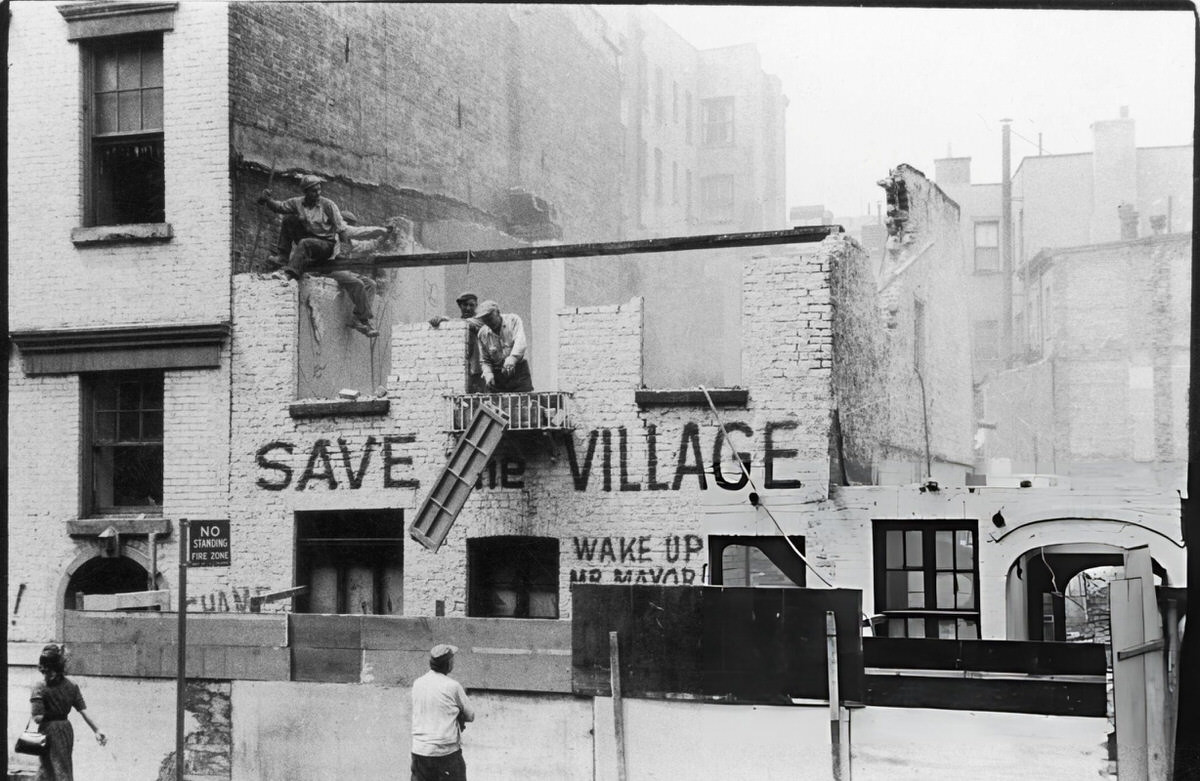 Workers Dismantling A Sculptor'S Studio With &Amp;Quot;Save The Village&Amp;Quot; Slogans At 10Th Street And Greenwich Avenue, 1960.