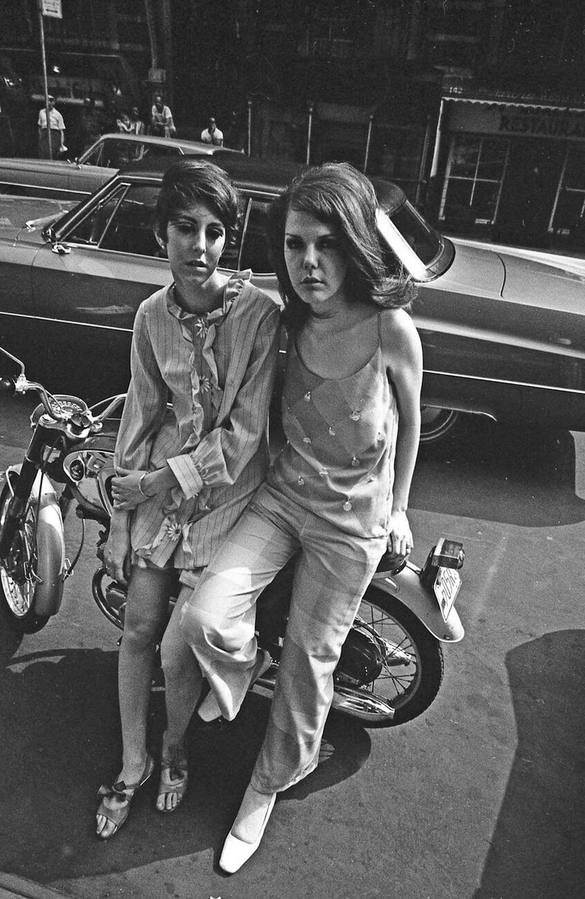 Two Young Women On A Motorcycle In Greenwich Village, 1967.