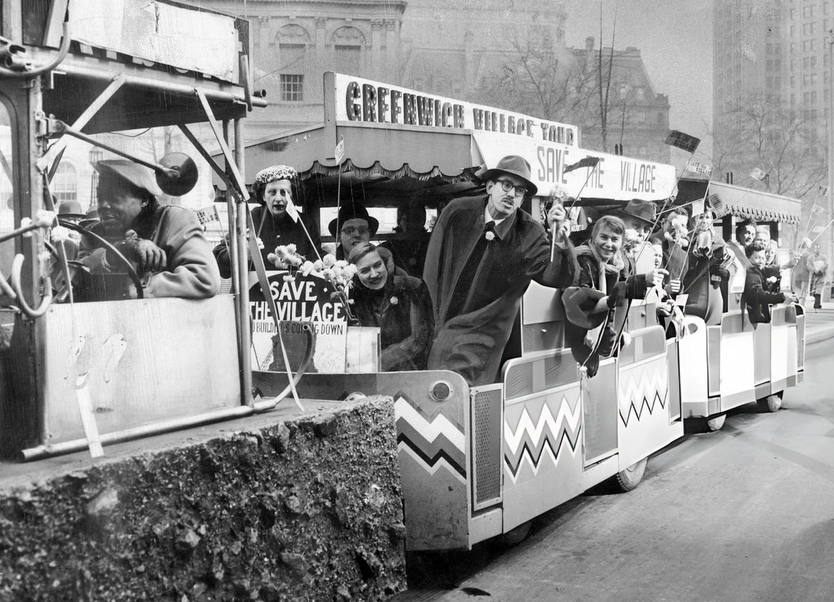 Residents Arriving At City Hall In A Decorated Vehicle To Protest Luxury Apartment Construction, Greenwich Village, 1960.