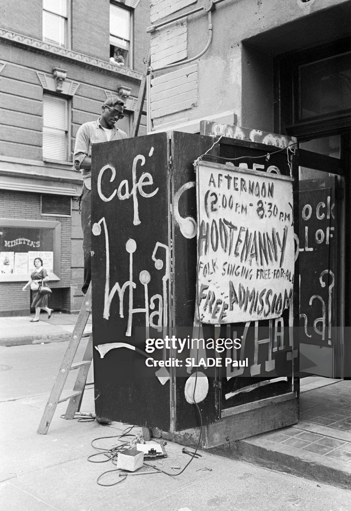 Worker Repairing The Cafe Wha? Sign, Greenwich Village, 1961.