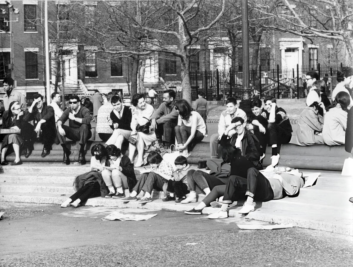 Young People On The Steps Of The Washington Square Park Fountain, 1963.