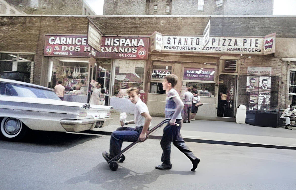 Two Boys In The Street With A Hand Truck, New York, 1964.
