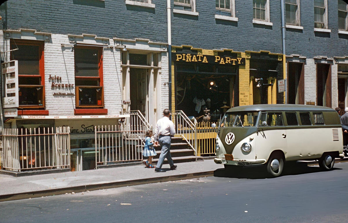 Storefronts And A Volkswagen Bus In Greenwich Village, 1965.