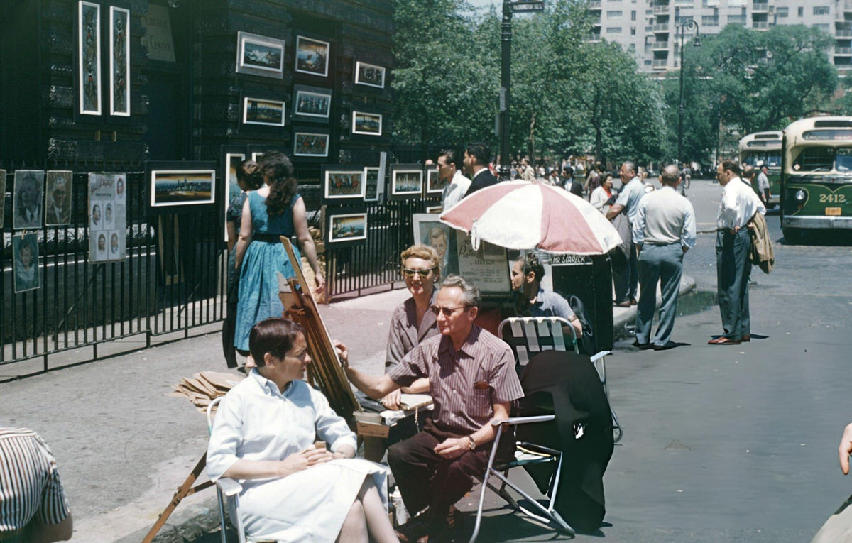 Artist Painting A Portrait At An Art Fair In Washington Square Park, 1965.