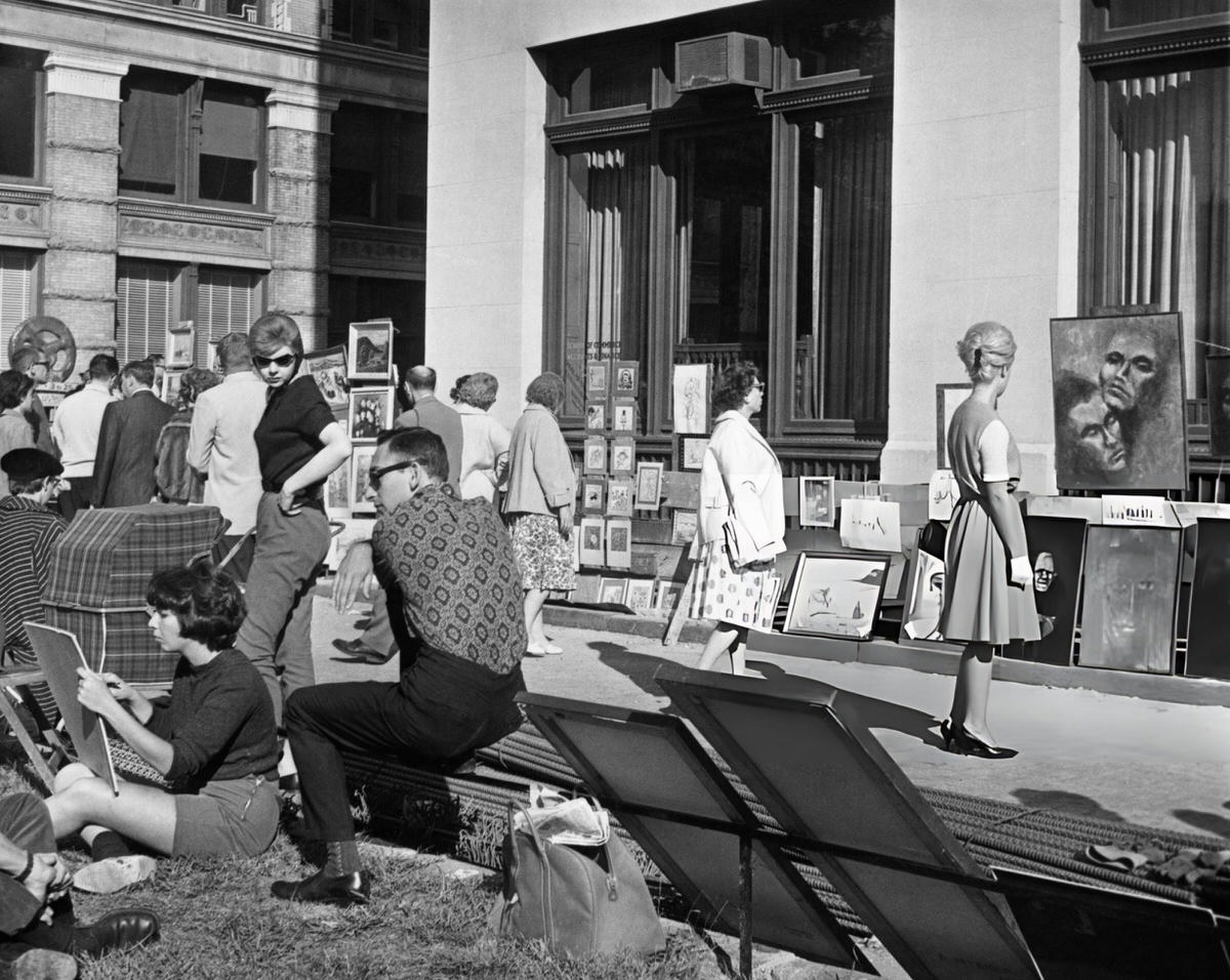 Artist Working At An Outdoor Exhibition In Greenwich Village, 1965.