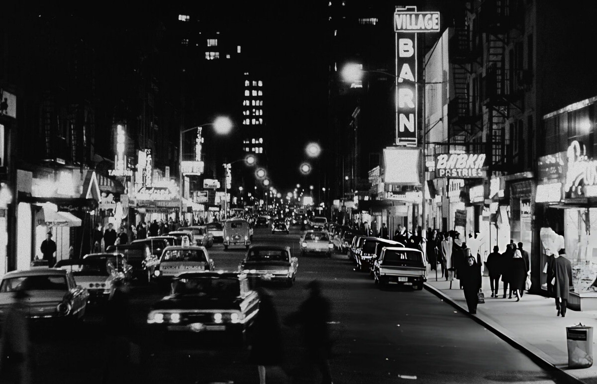 Cars And Club Marquees On 8Th Street At Night, Greenwich Village, 1965.