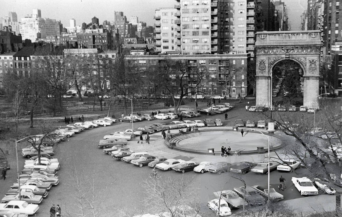 Elevated View Of Washington Square Park Used As A Parking Lot During Redesign, 1966.