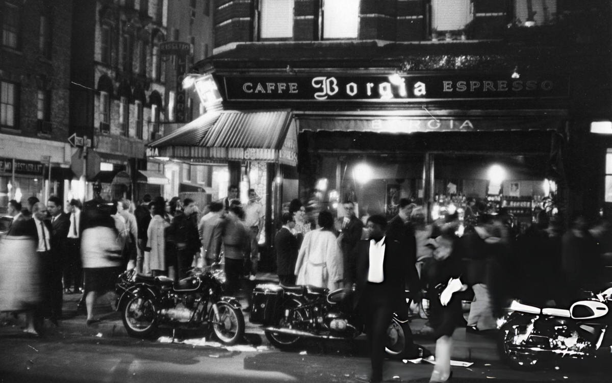 Pedestrians Outside Caffe Borgia At Macdougal And Bleecker Streets, 1966.