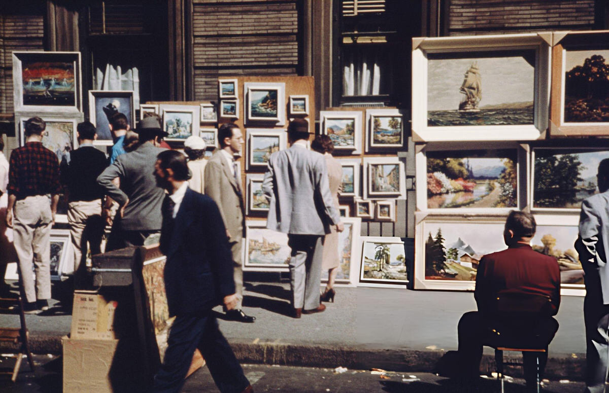 Paintings On Display At A Sidewalk Gallery In Greenwich Village, 1960.