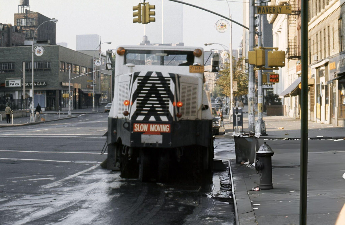 Street Sweeper At 6Th Avenue And Waverly Place With The World Trade Center In The Background, 1976.