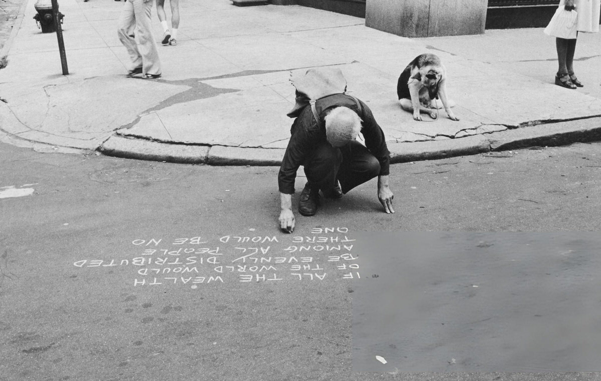 Man Writing A Slogan In Chalk On University Place, 1978.