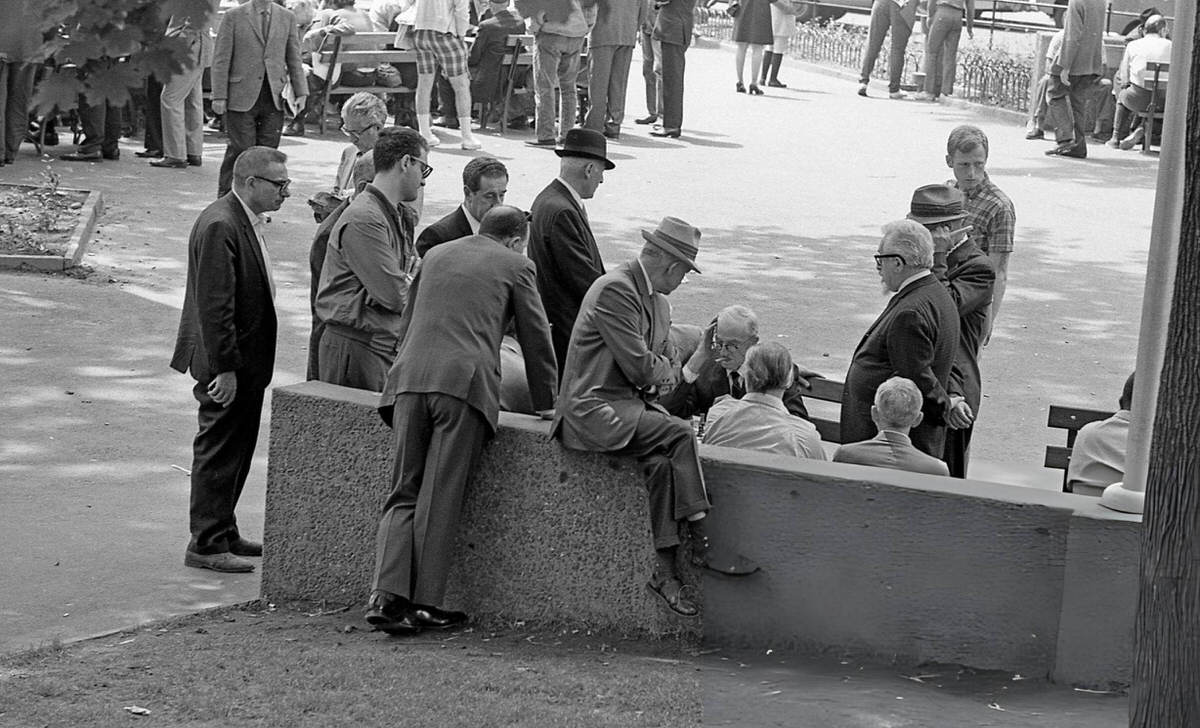 Men Watching A Chess Game In Washington Square Park, 1970.