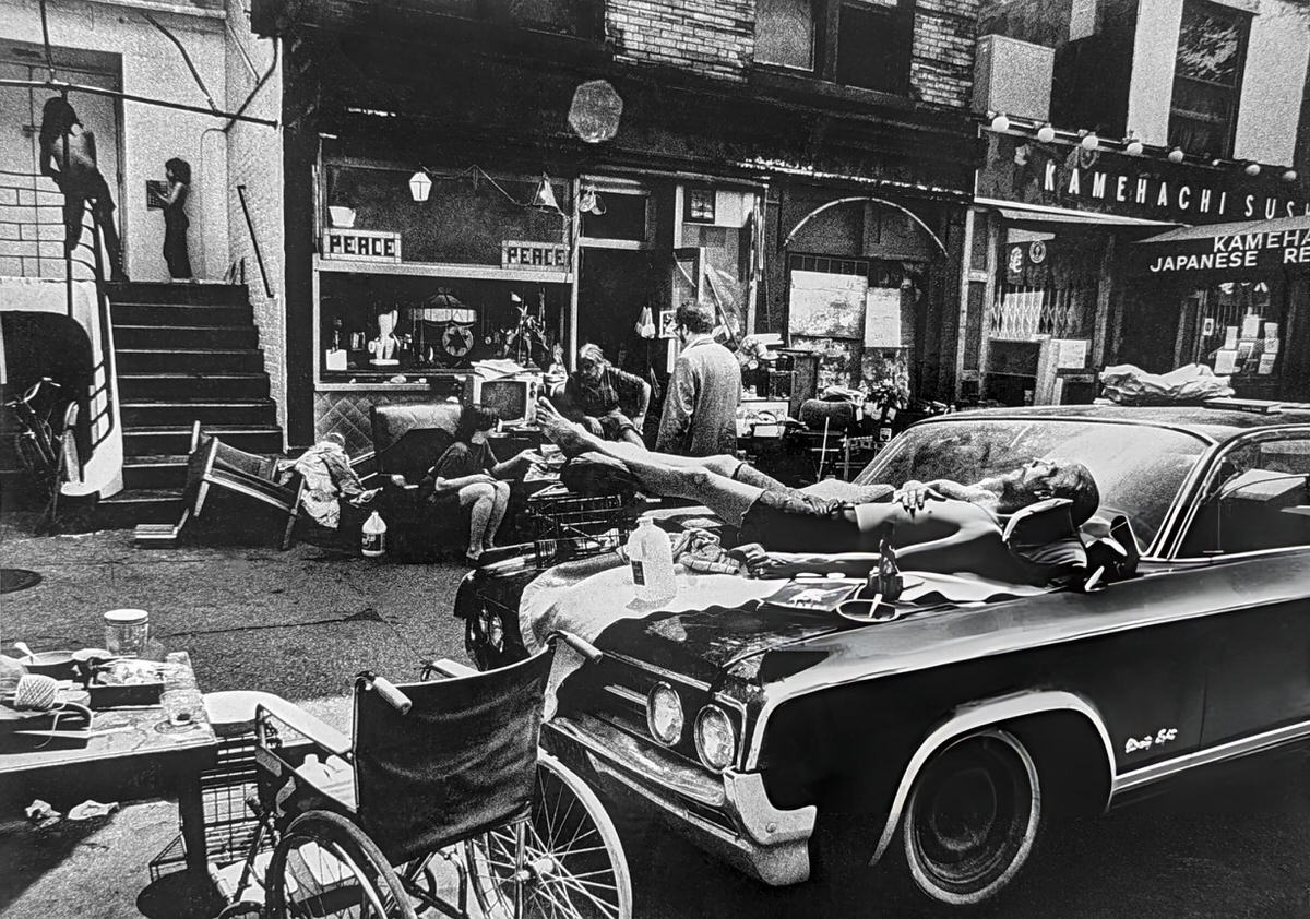 Man Sunbathing On The Hood Of An Oldsmobile In Greenwich Village, 1970S.