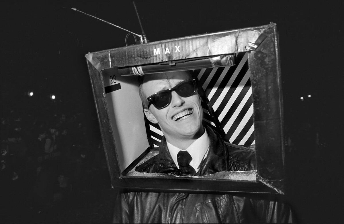 Max Headroom In A Fake Television At The Village Halloween Parade, New York, 1983.
