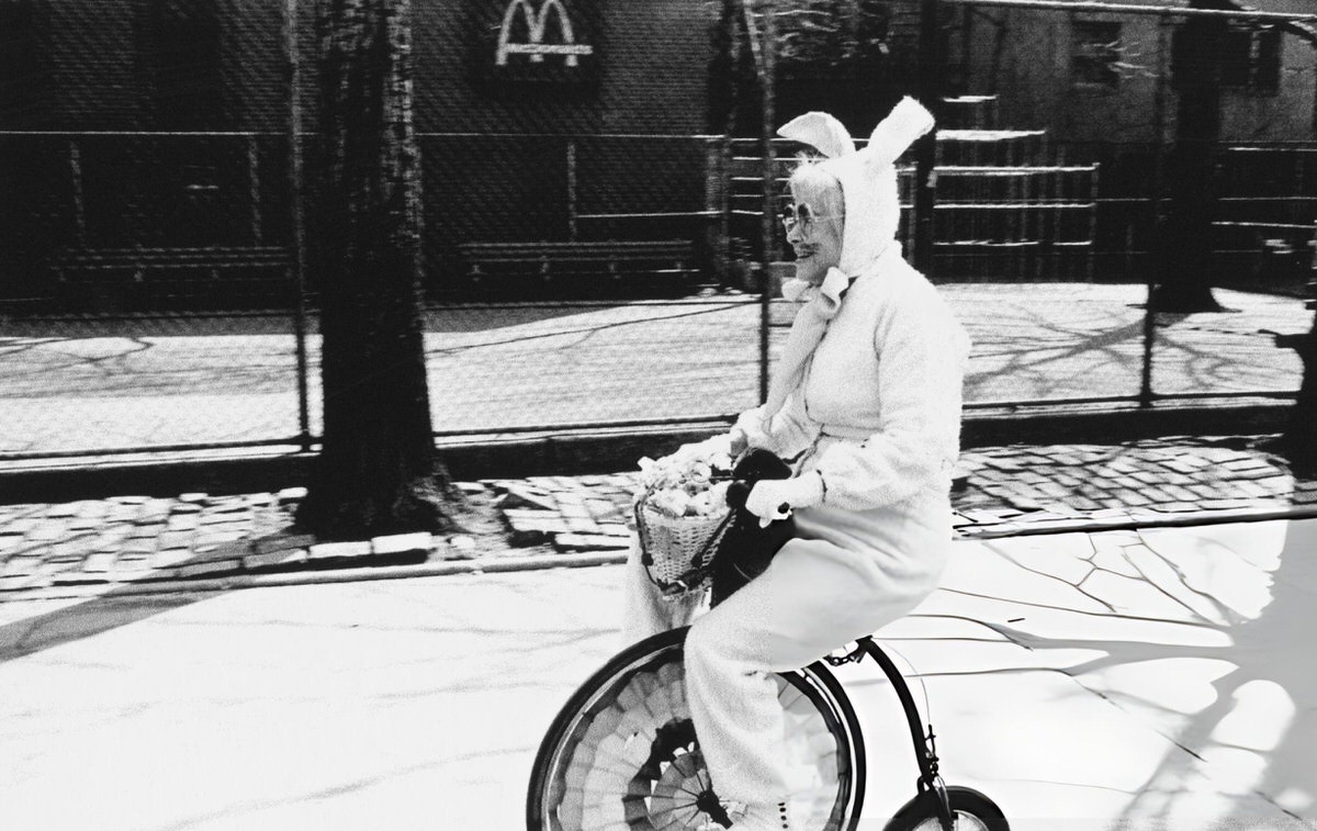 Woman Dressed As The Easter Bunny On A Penny-Farthing, Greenwich Village, 1980.