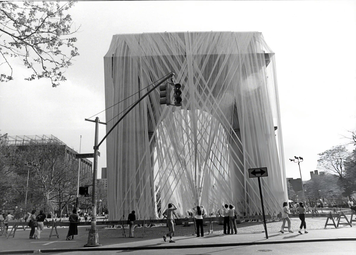 Washington Square Arch Wrapped By Artist Francis Hines, 1980.