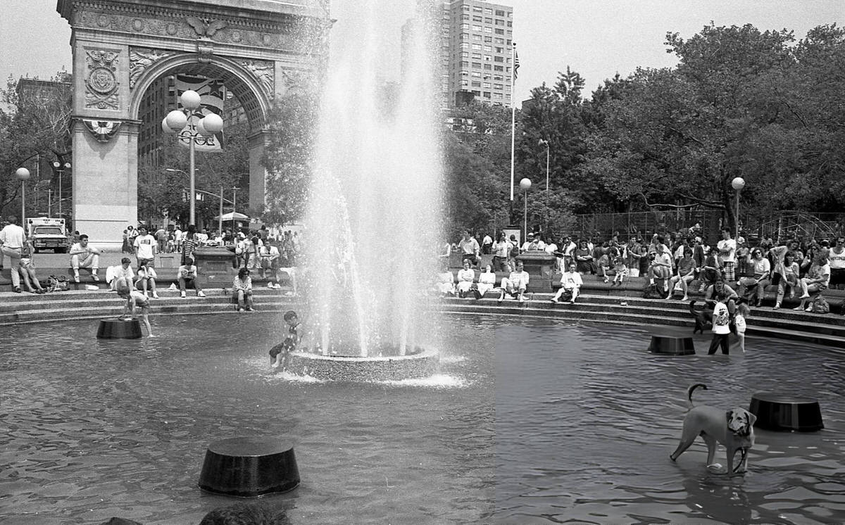 People At The Washington Square Park Fountain, 1989.