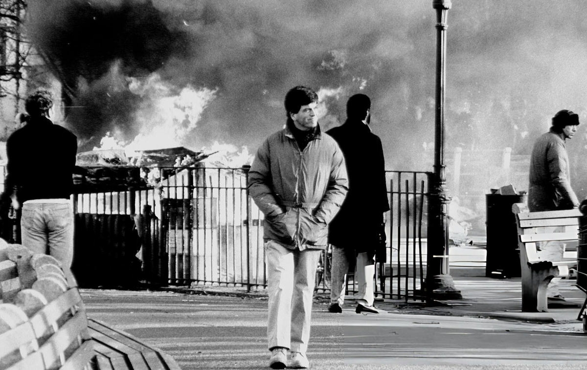 Squatters' Shacks Burning In Tompkins Square Park, 1989.