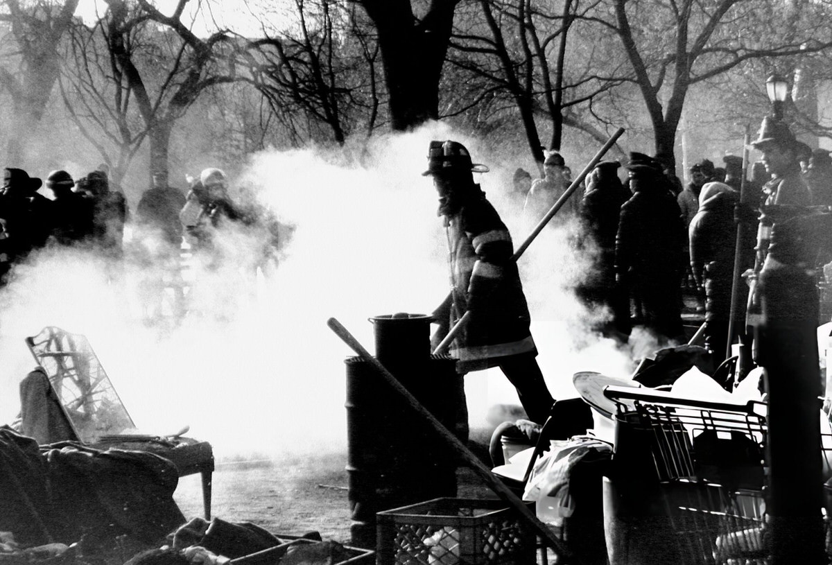 Squatters Burning Prefab Homes In Tompkins Square Park, 1989.