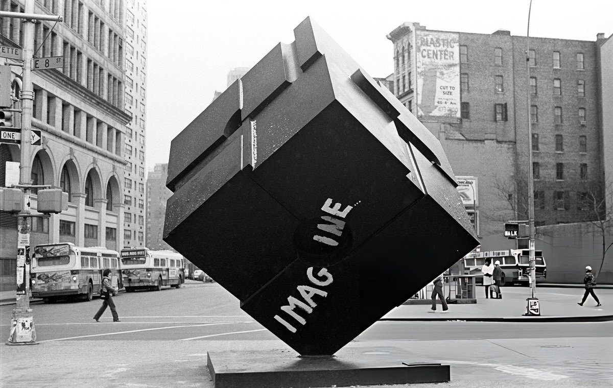 Alamo Sculpture By Tony Rosenthal At Astor Place With An &Amp;Quot;Imagine&Amp;Quot; Tribute To John Lennon, 1981.