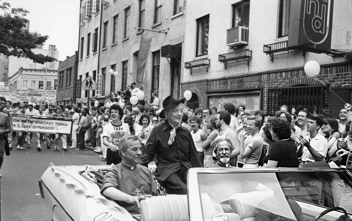 Quentin Crisp And Others In The Gay Pride Day March Passing The Stonewall Inn, 1982.