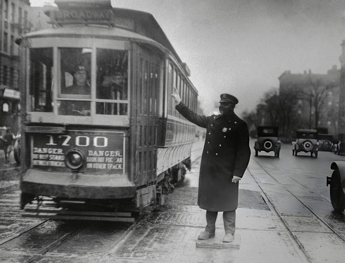 Traffic Officer Speaking To A Trolley Driver In Harlem.