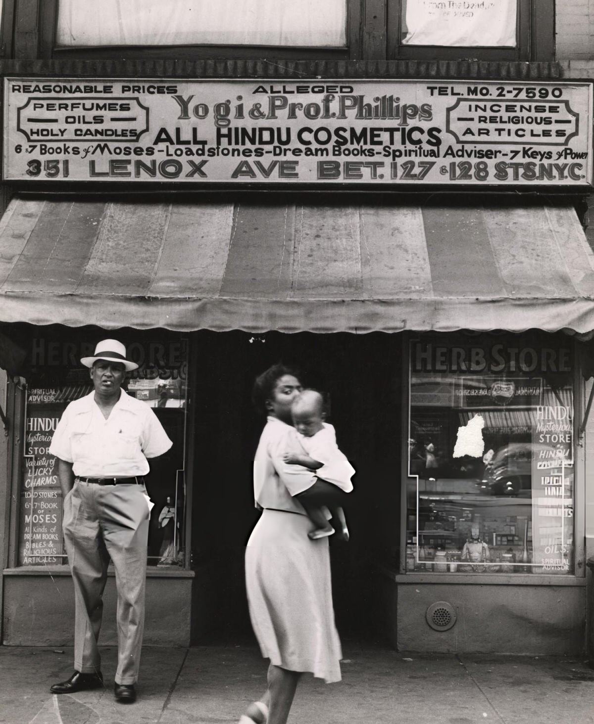 Pedestrians In Front Of An Herb Store Advertising Cosmetics And Religious Articles, Harlem.