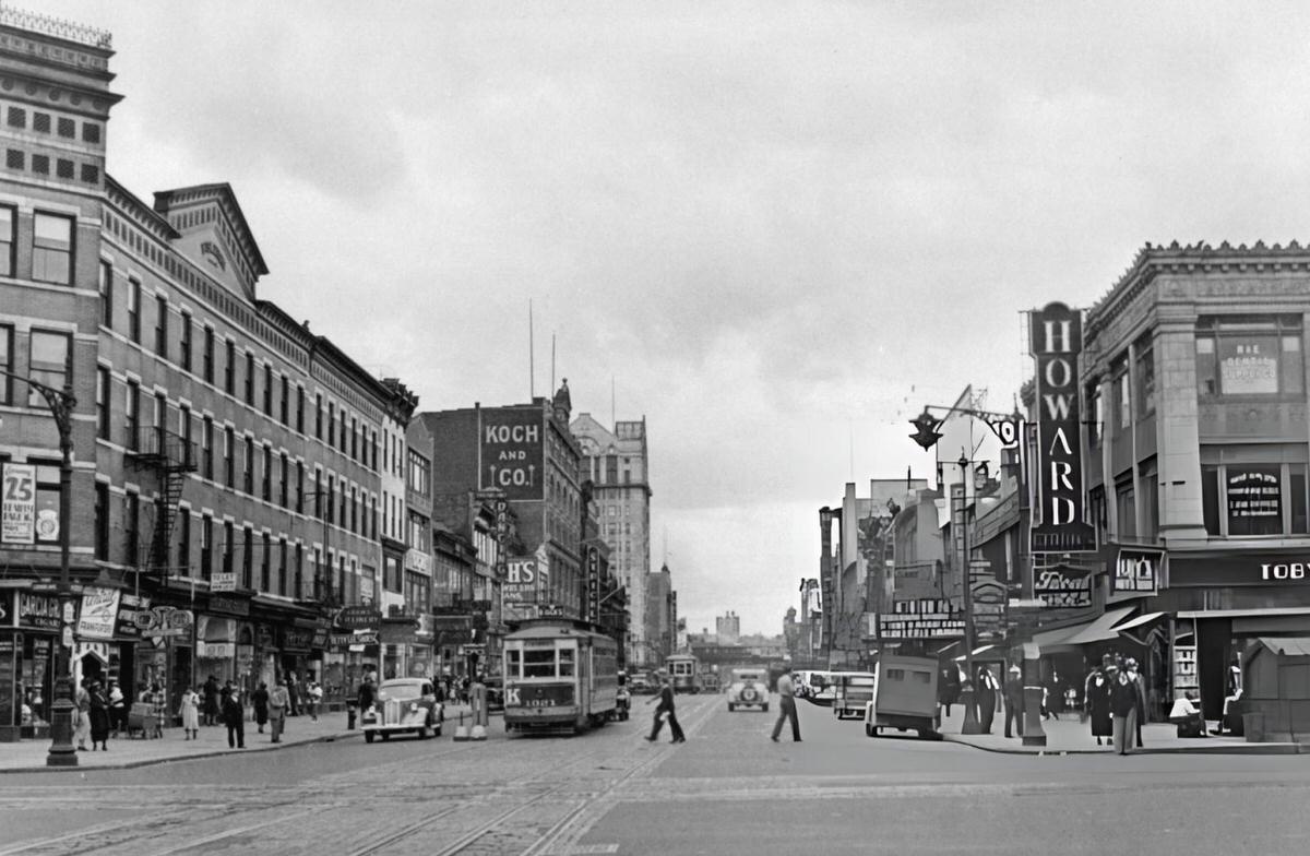 Intersection Of 125Th Street And Lenox Avenue With Stores And Trolleys, Harlem, 1955.