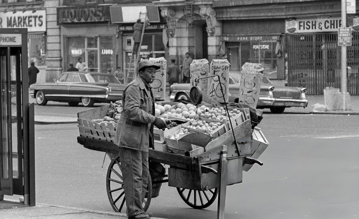 Street Vendor Selling Oranges And Tangerines From A Pushcart, Harlem, 1967.
