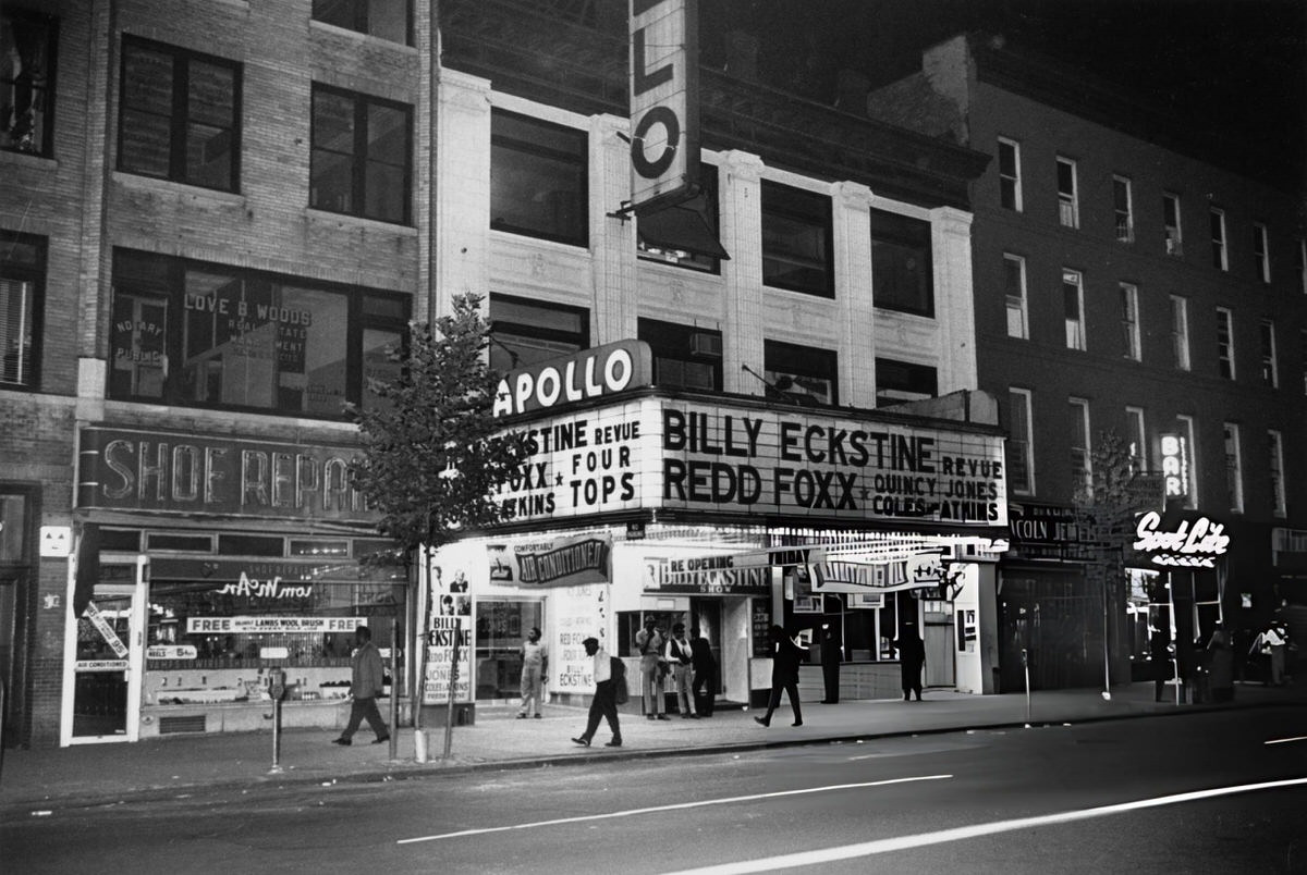 Marquee Of The Apollo Theater Advertising The Billy Eckstine Revue, Quincy Jones, And The Four Tops, Harlem, 1964.