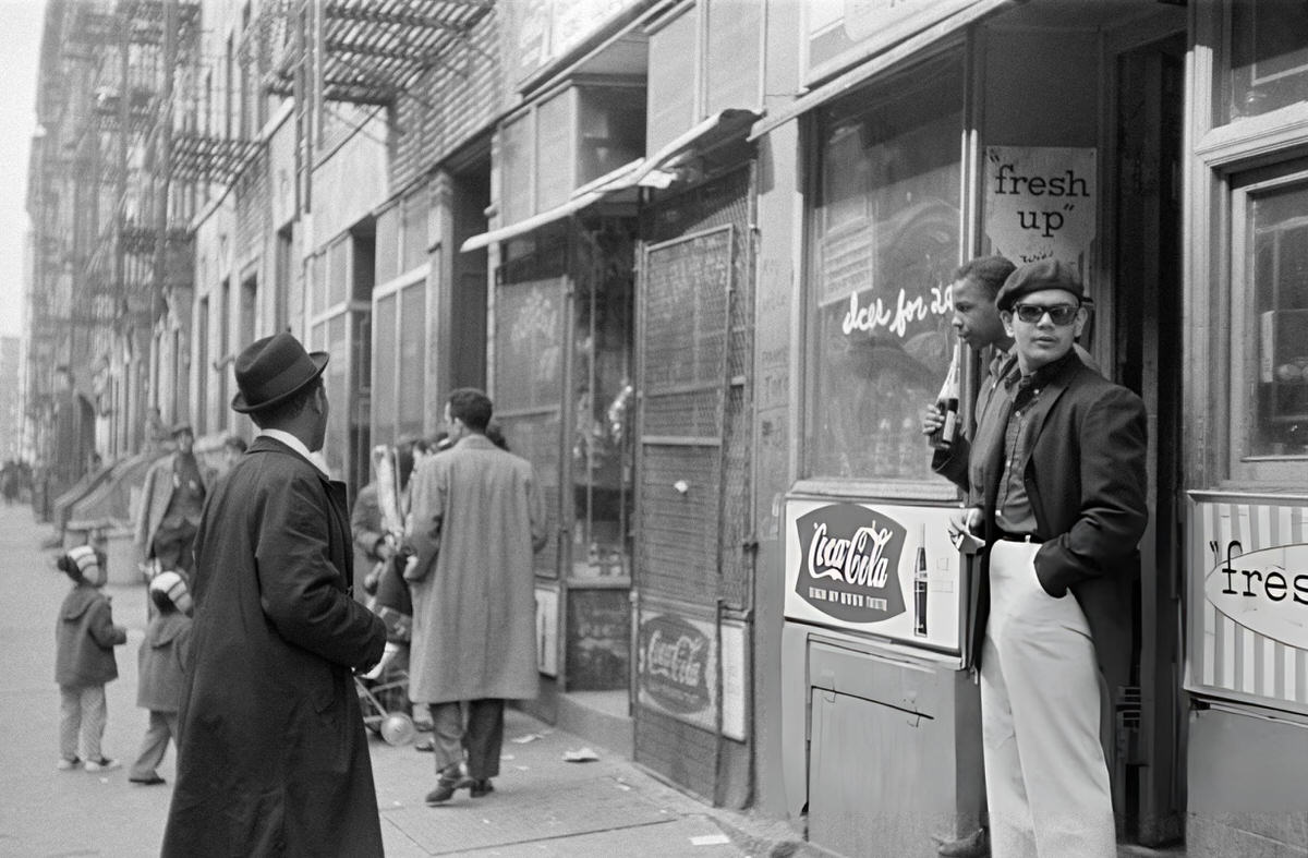 People On A Sidewalk In Front Of A Grocery Store, Harlem, 1960S.