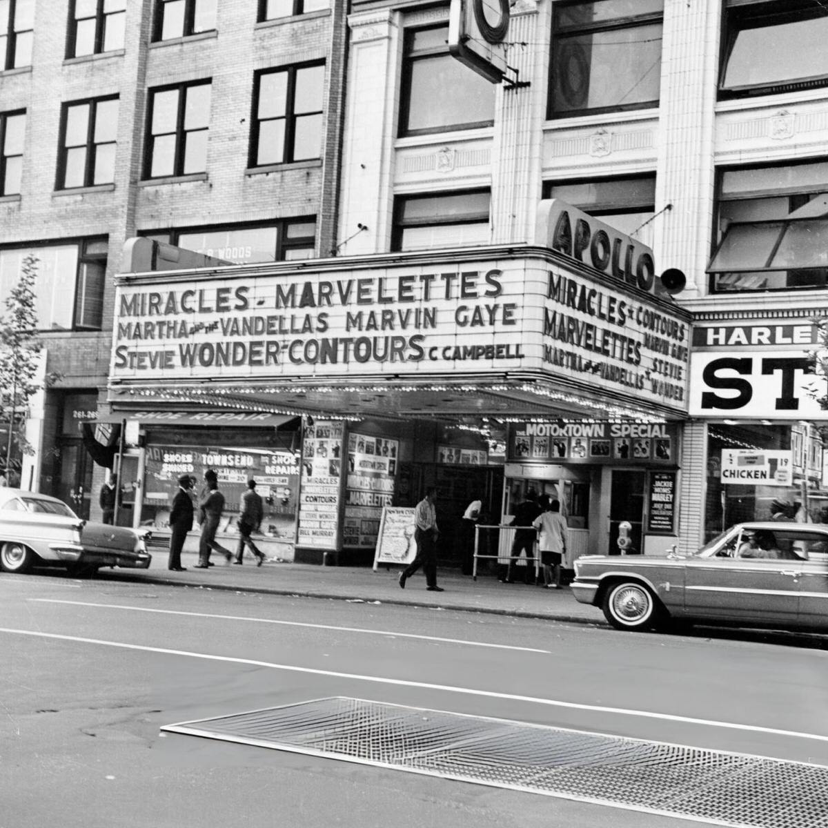 Apollo Theater In Harlem Advertising The Miracles, Marvin Gaye, And Stevie Wonder, 1963.