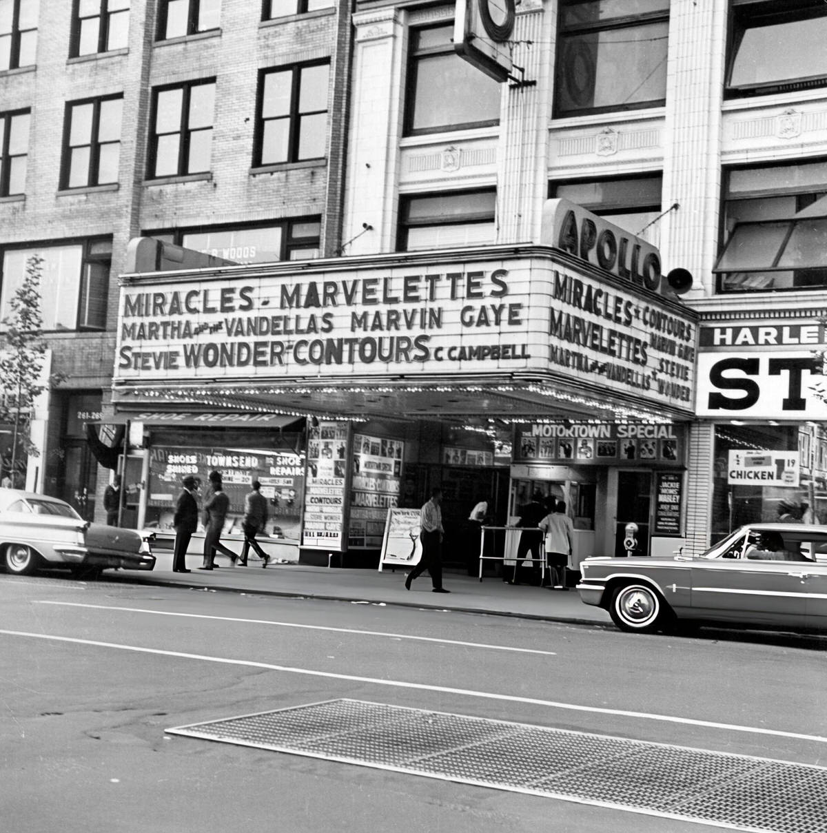 Apollo Theater In Harlem Advertising The Miracles, Marvin Gaye, And Stevie Wonder, 1963.